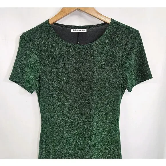 Reformation Amina Green Metallic Fleck Short Sleeve Mini Sheath Dress Medium - Picture 2 of 8